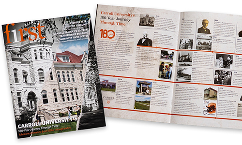 A commemorative First magazine spread celebrating Carroll University’s 180-year history through a visual timeline featuring archival photographs, historical milestones, and campus imagery.